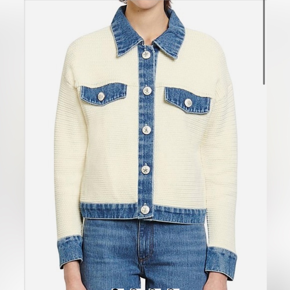 Sandro Paris Nino Cardigan White Knit Denim Blue Trim 100% Cotton Size 2 M​​